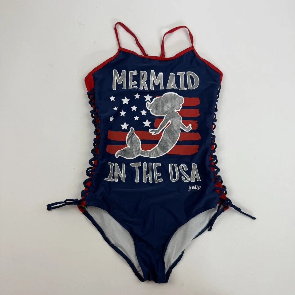 Traje de baño patriótico de una pieza JUSTICIA SIRENA EN EE. UU. Talla 18 rojo plata azul Foto 2 de 4