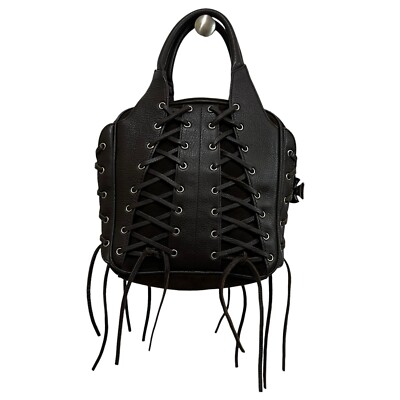 CBGB & Omfug Leather Satchel Handbag Lacing & Rivets Details Dark Brown