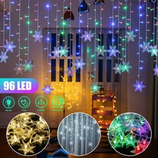 Xmas 96 LED Snowflake Fairy String Light Curtain Window Decor Outdoor Waterproof