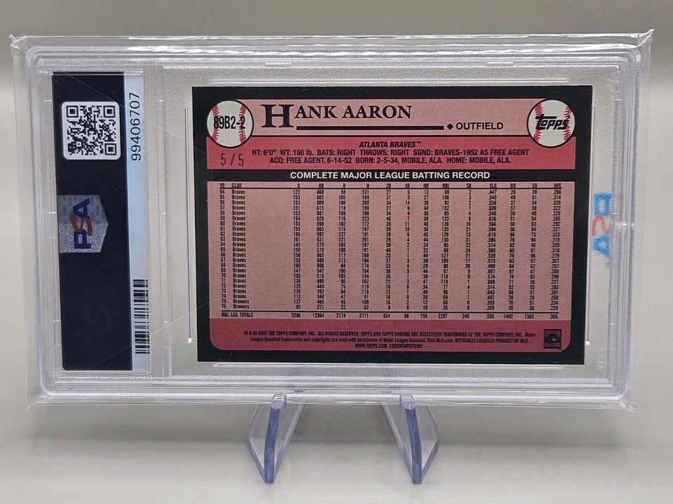 2024 Topps Series 2 Hank Aaron 1989 Red Foil Parallel 5/5 #89B2-2 Braves PSA 8 - Image 2 of 2