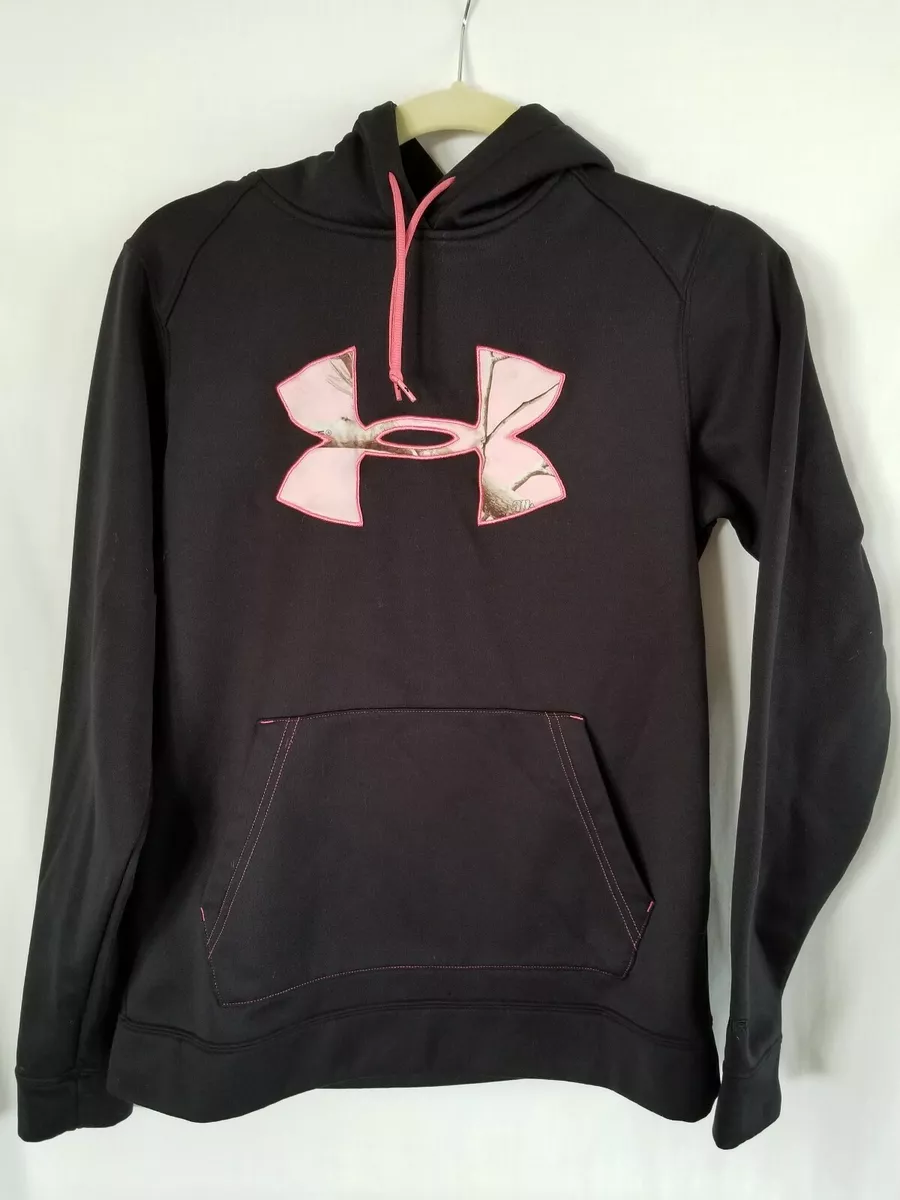 Womens Sz S Black Pink Camo Under Armour Semi Fitted pull over Hoodie Cold Gear