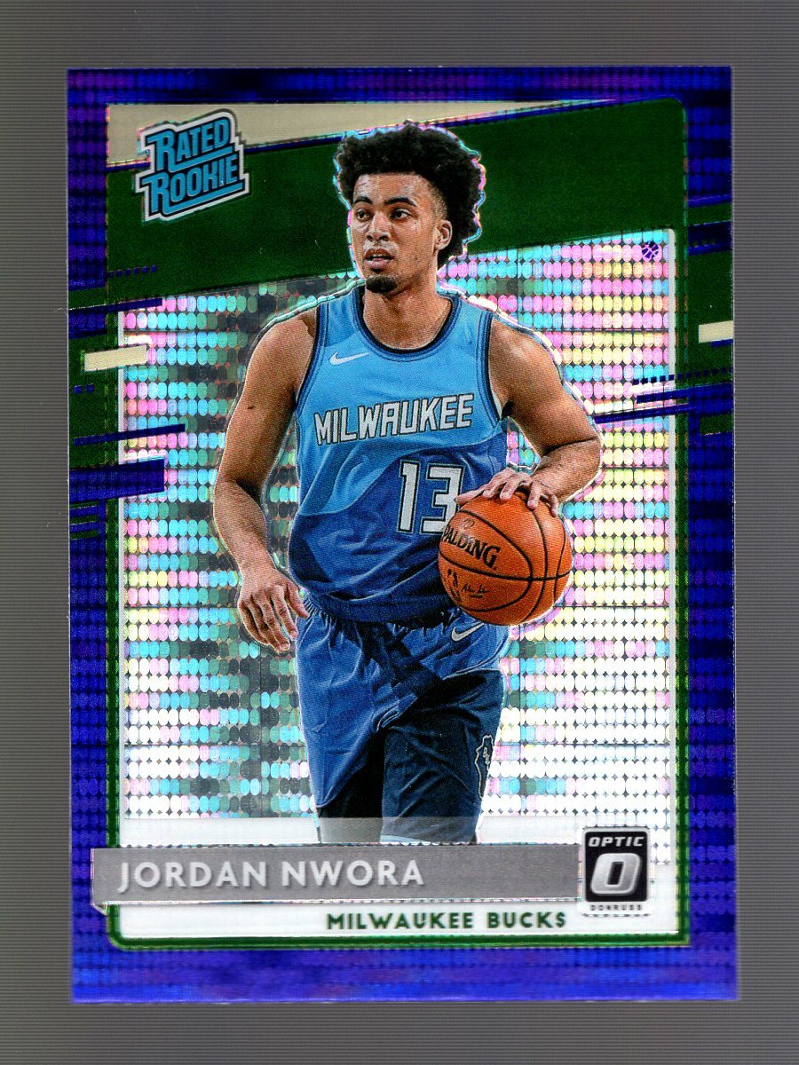 2020-21 OPTIC RATED PURPLE PULSAR PRIZM #189 JORDAN NWORA RC MILWAUKEE BUCKS