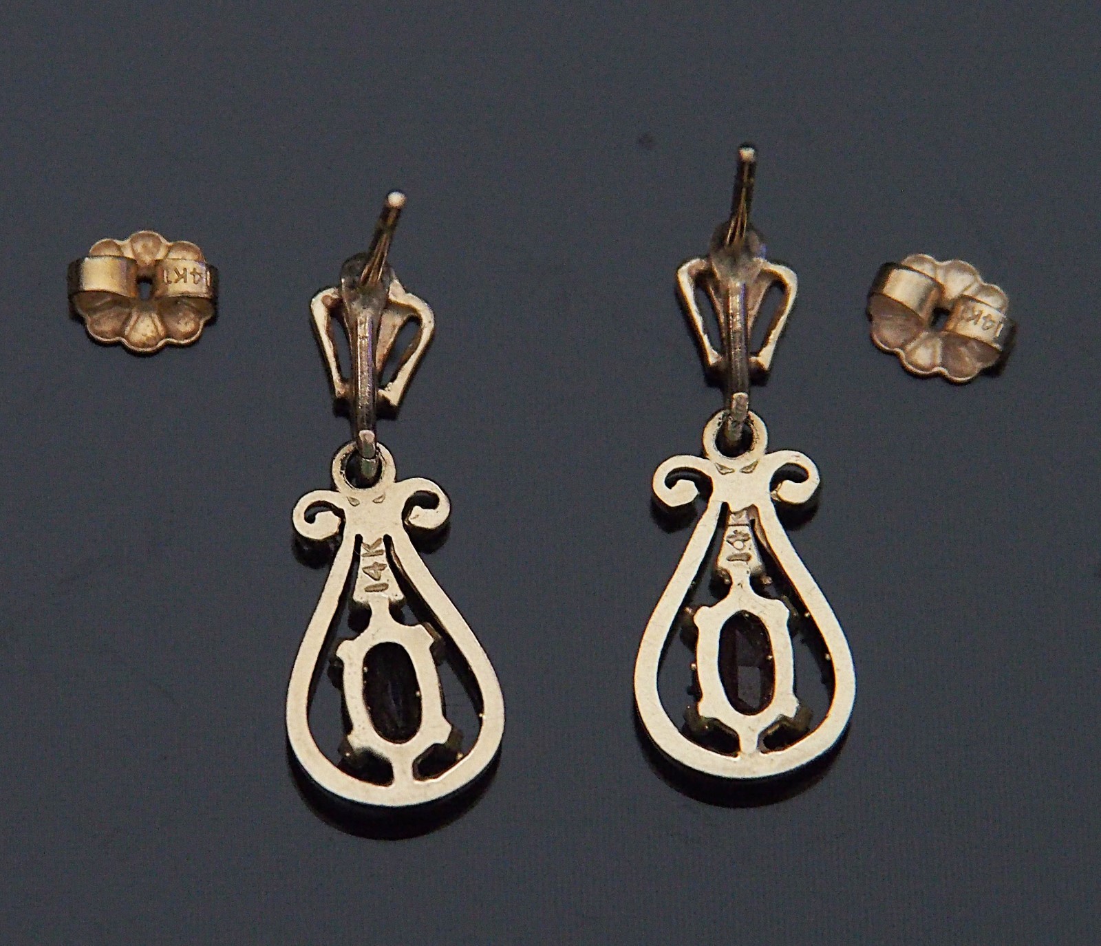 14K Solid Yellow Gold Garnet Dangle Drop Earrings… - image 3