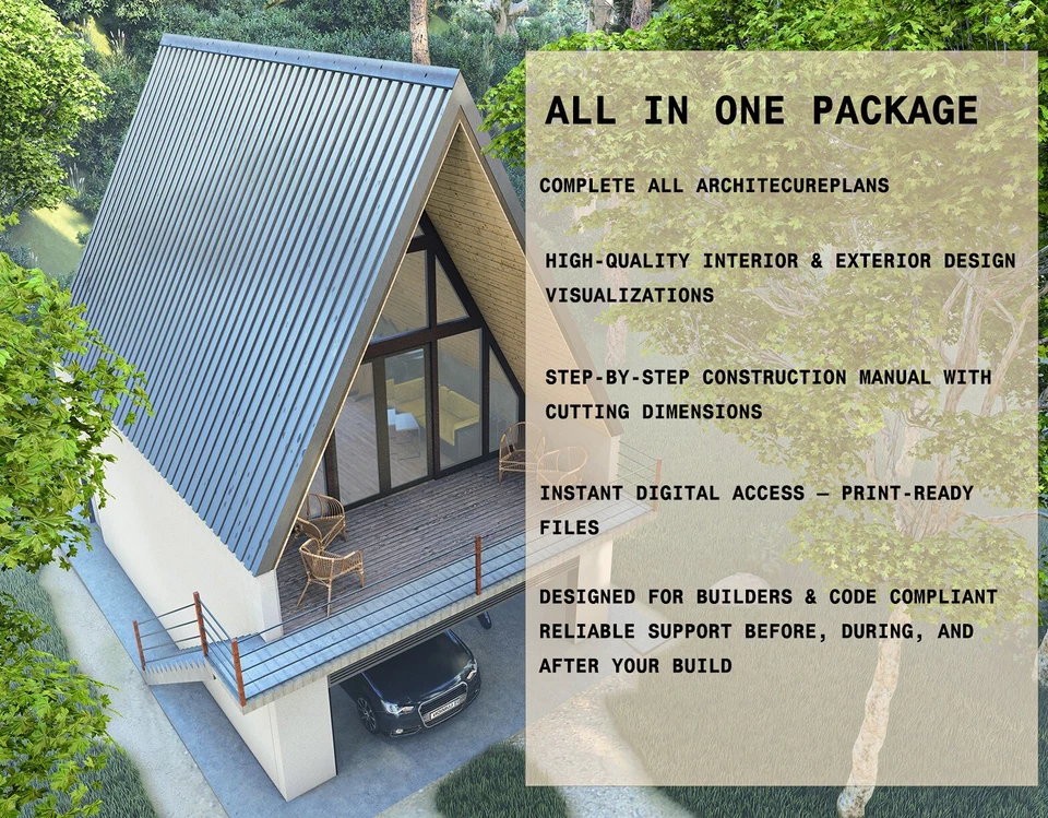 Casa pequeña con marco en A con garaje y loft | Juego de planos de construcción de 20+ páginas Foto 3 de 4