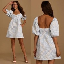 En Saison Aim to Impress Quilted Satin Puff Sleeve Mini Dress Size M Blue Print