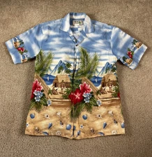 Ky's Hawaiian Aloha Shirt Tiki Hut Palm Trees Floral Men’s Sz M Vintage