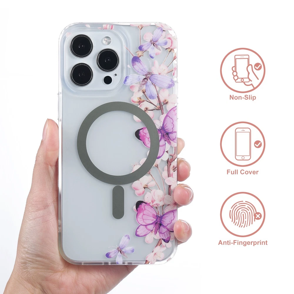 Phone Case Compatible With iPhone 14 Pro ,Magnetic Charging, Clear w/ Butterfly