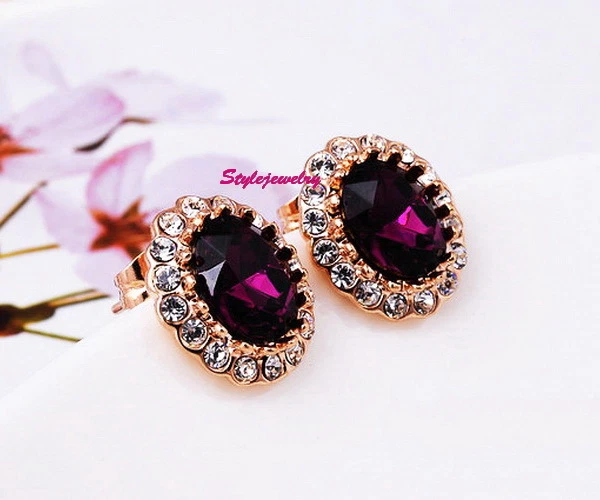 Rose Gold Filled Amethyst Purple Stud Earring Made With Swarovski Crystal IE46 Foto 3 de 4