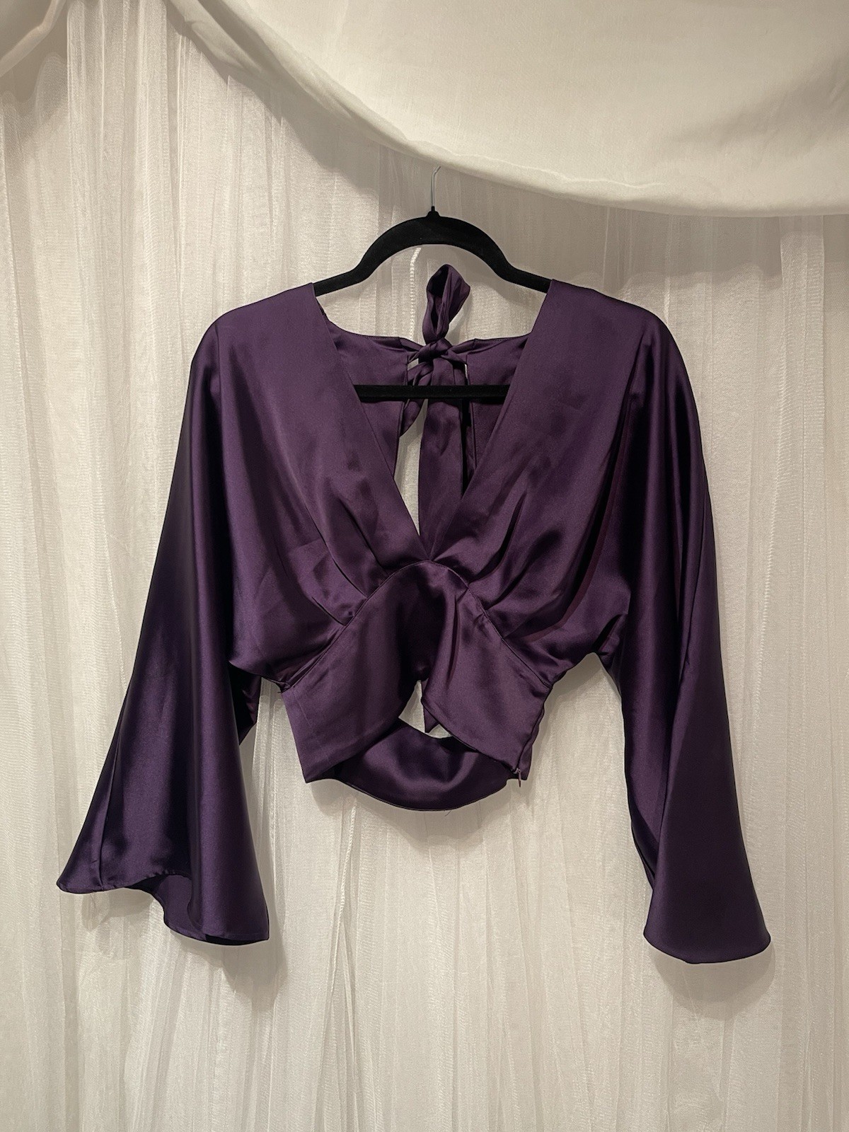 Zara Womens Small Purple Satin Crop Top Bell Sleeve Plunge V Neck | eBay