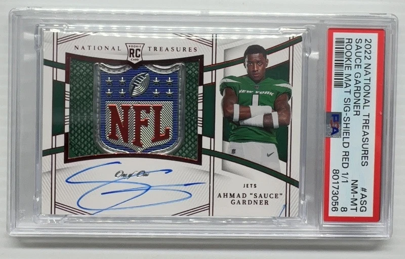 Sauce Gardner Panini National Treasures Rookie Material Signature #ASG NFL Shield Red 1/1