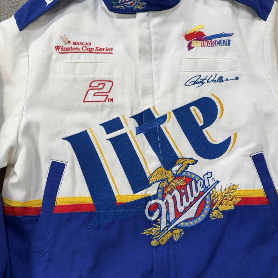 VTG NASCAR Miller Lite Rusty Wallace Racing Jacket M Blue White 2™ Embroidered - Image 2 of 4
