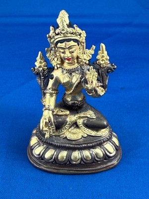 White Tara Rupa Buddha Copper Gold Statue Hand Painted Gold Face 3.5 Inches