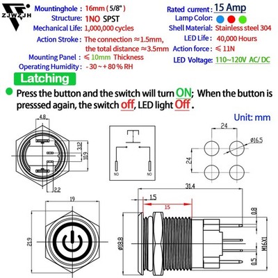 ZJWZJH 15Amp 16mm 5/8 Latching Push Button Switch Blue 110V-120V
