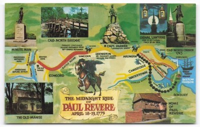 Paul Revere's Midnight Ride Historic Map Postcard - Boston, Lexington, Concord