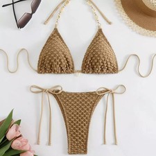 Bikini Karamell Strick Mit Schmuckträgern Und Hochgeschnittenem Slip 4C61
