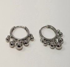 Cute Silver Tone Huggie Hoop Earrings Ball Beads Dangle Drop