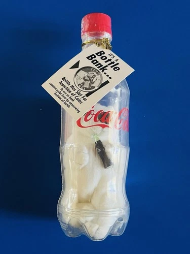Coca-Cola Plastic Bottle Bank with Polar Bear Inside Sealed 9” Tall 1990’s Vtg