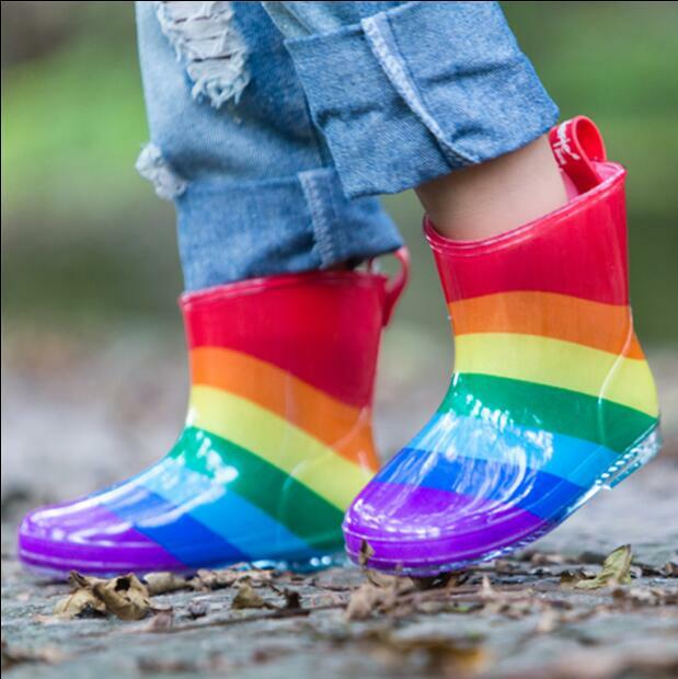7738 New Fashion Boys Girls Cute Rainbow Rainboots Kids Rain Boots Rain