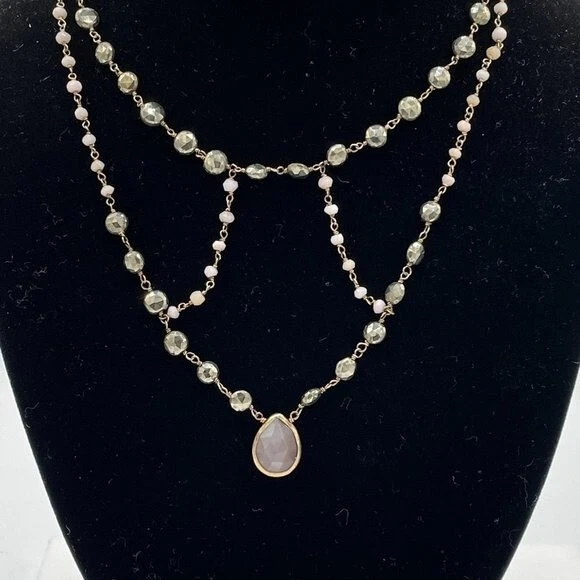 Ela Rae Cleo 项链 粉色 蛋白石 棕色 月光石 Pyrite 硬币 14K 镀纯银 — 第 2/4 张图片