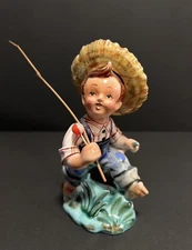 1940s Lefton Boy w Straw Hat Fisherman Ceramic Figurine Japan