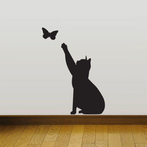Cat Catching butterfly home Vinyl Wall Sticker Decor Decal Mural KItchen Pet - Zdjęcie 1 z 1