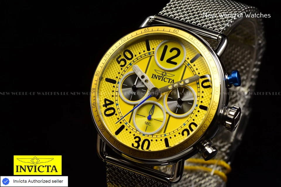 Invicta Mens SPEEDWAY GEARSHIFT 44mm YELLOW Dial Mesh Bracelet Chronograph Watch - Image 3 of 4
