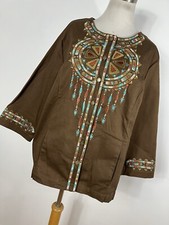 Bob Mackie L Large Jacket Brown Embroidered Button Front Wearable Art 3/4 Slv V8