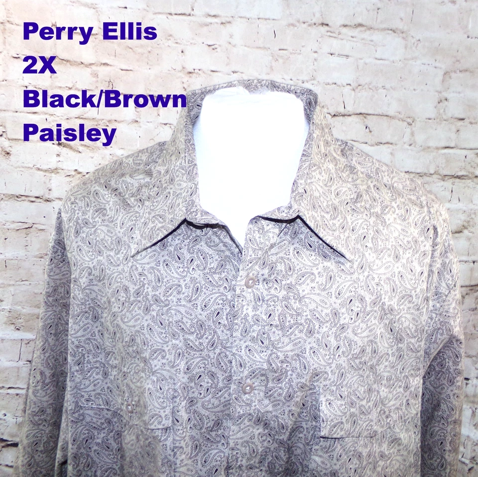 Camisa de vestir Perry Ellis 2XL para hombre marrón negro cachemira LS 100 % algodón bolsillos Foto 3 de 4