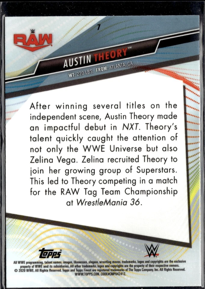 2020 Topps Finest WWE #7 Austin Theory RAW Wrestling Card RC - Image 2 of 2