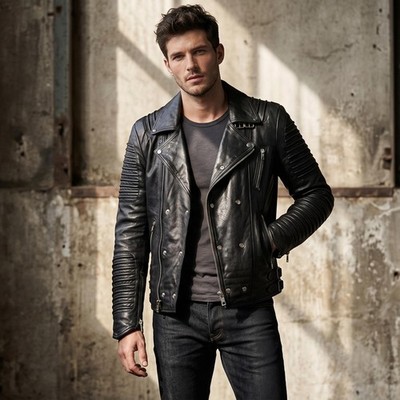 Black Leather Biker Jacket for Men | Quilted Sleeve Moto Jacket | Rockstar Style