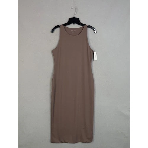 Spanx Dress Womens Large Smooth Jersey Midi Racer Smoke Brown Sleeveless Stretch
