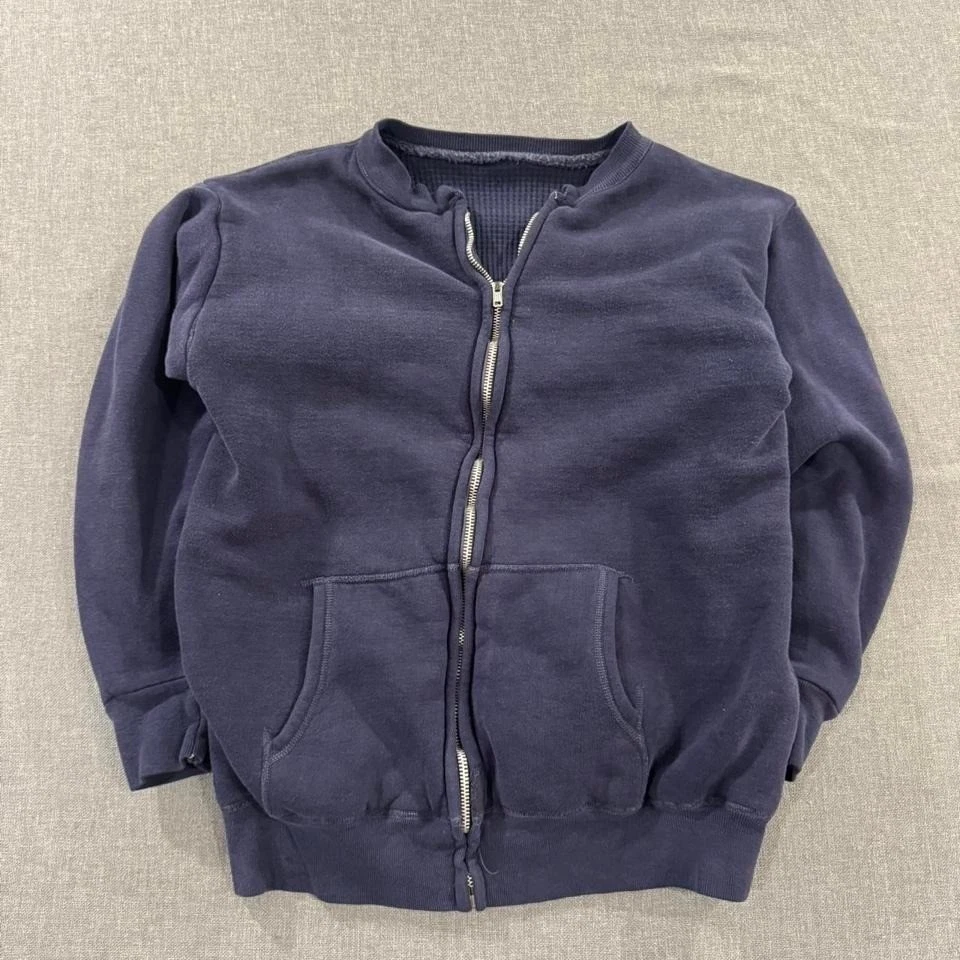 Vintage 60s Thermal Lined Hoodie Sweatshirt Blank Faded Blue Mens Medium