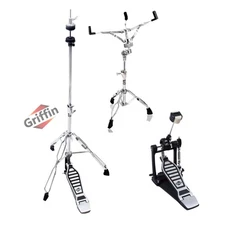3-PACK Kick Drum Foot Pedal, Snare Stand & Hi-Hat Pedal GRIFFIN Drummers Chrome
