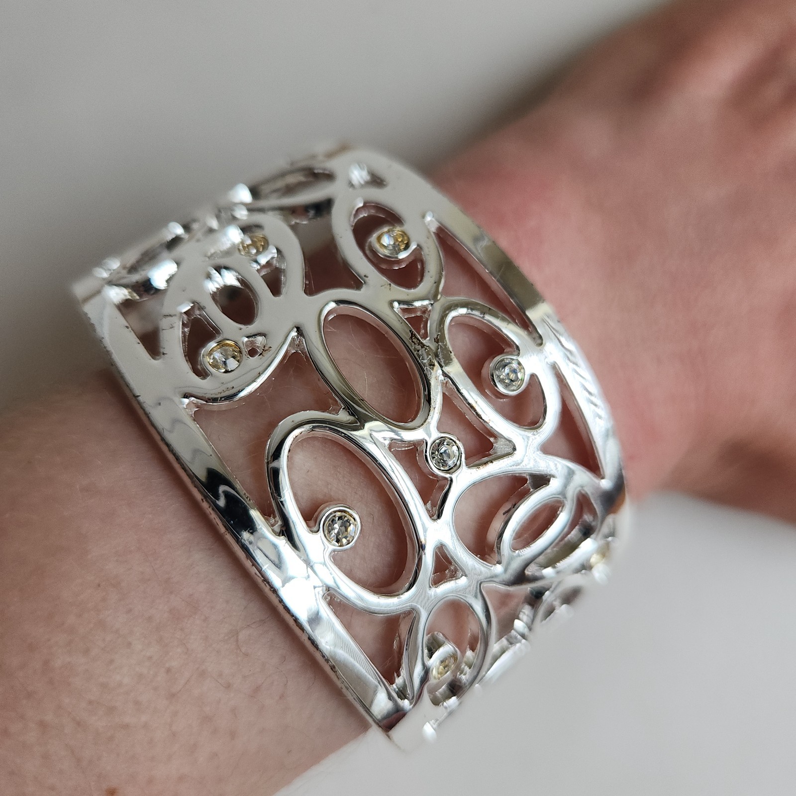 Silver Tone Hinged Bangle Bracelet Openwork Filig… - image 12