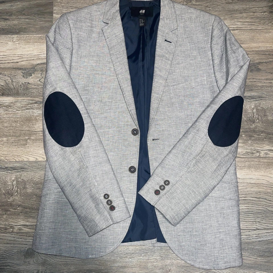 Blazer de lino H&M para hombre 42R gris calce ajustado parches en el codo traje chaqueta abrigo deportivo Foto 3 de 4