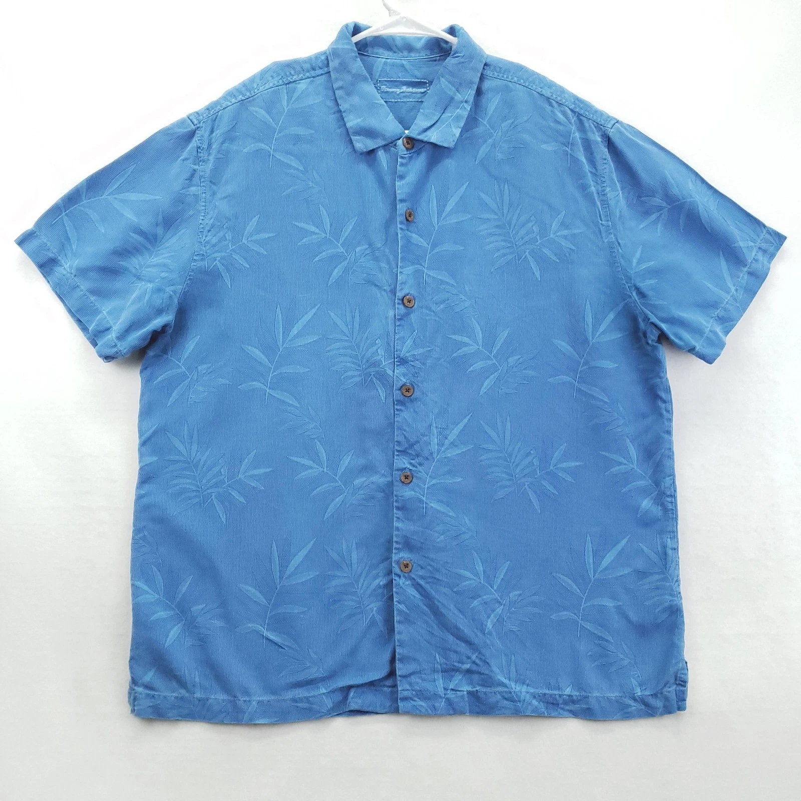 Tommy Bahama Shirt Mens XL Blue 100% Silk Camp Palm Leaf Jacquard Button Front