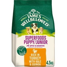 4.5kg James Wellbeloved Superfoods Puppy/Junior Dog Food Turkey Kale & Quinoa 6.12 per kilo
