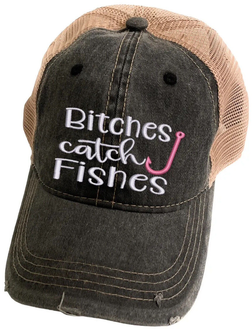Fishing Trucker Hat Embroidery Pink Bitches Catch Fishes Funny Ball Cap One Size