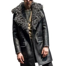 Cappotti uomo medio lungo 100% vera pelle di pecora collo pelliccia grande outwear spesso nuovi L