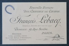 Carte de visite LEBACQ fer à cheval horse Horseshoe Rue Scribe PARIS visit card