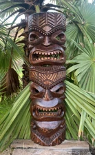 Hawaiian Style Tiki Totem Wooden Mask Hand Carved Extra Wide Tropical Bar Patio