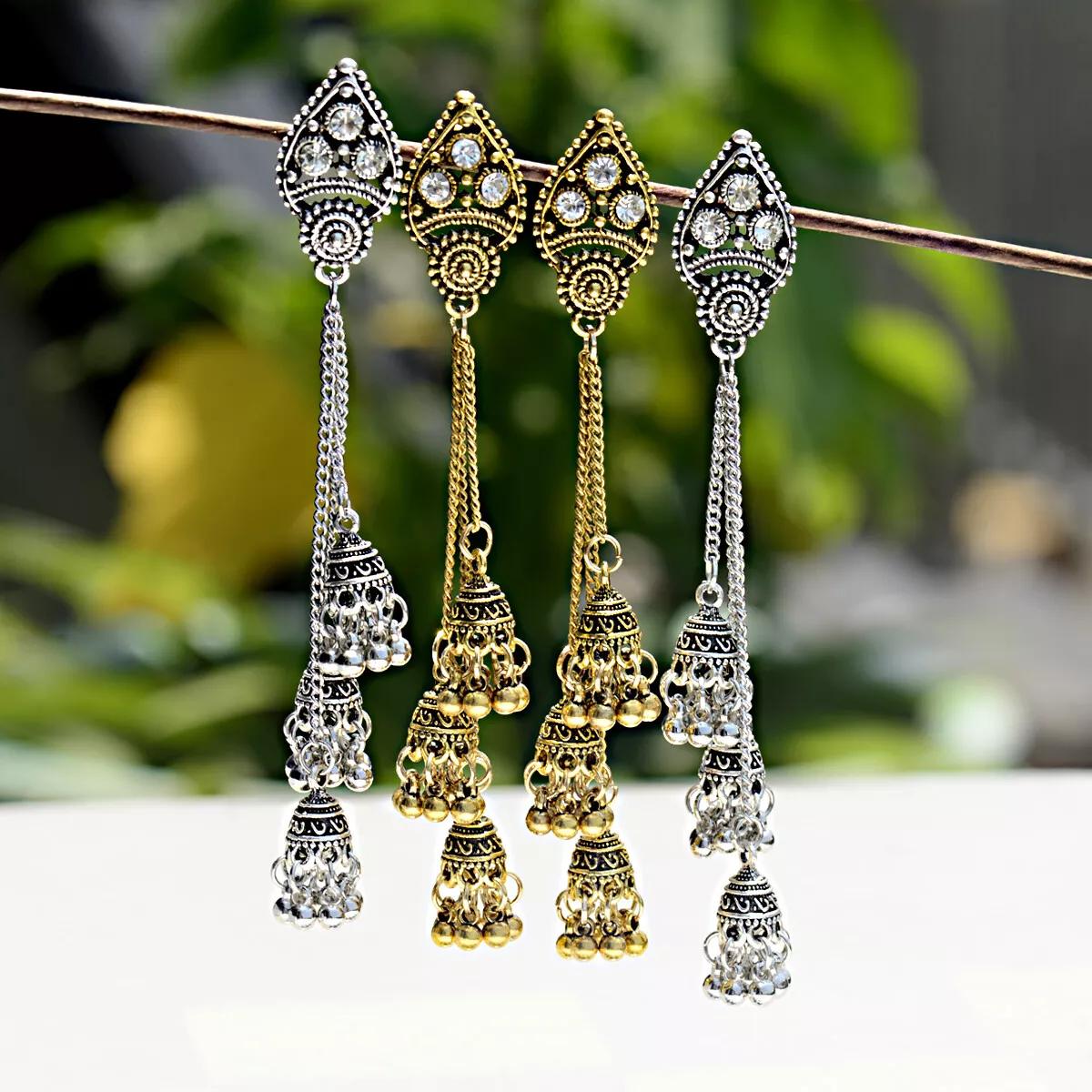Vintage Long Tassel Bells Dangle Gypsy Indian Wedding Jhumka