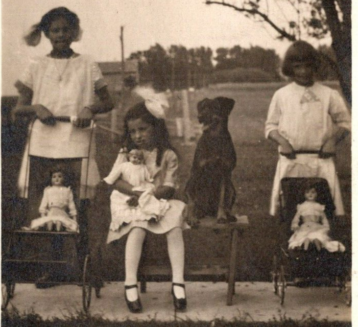 1912 RPPC Little Girls Dress Doll Buggies Pet Dog Lab Rottweil Stroller