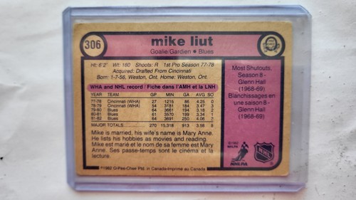 1982-83 O-PEE-CHEE St. Louis Blues Mike Liut Card # 306 - Picture 2 of 2