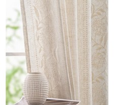 I/P Jinchan linen blend curtains, 84 inches long, floral ivory on beige 2 panels