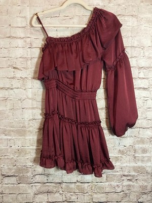 MISA Los Angeles One Shoulder Mini Dress Small Burgundy Satin Ruffle Tiered