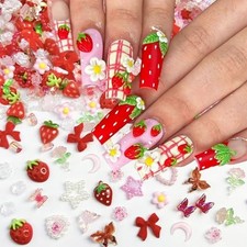 100Pcs Strawberry Nail Charms Resin Heart Star Flower Nail Red Pink-3
