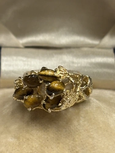 Vintage Tigers Eye Grape Cluster Sterling Gold Plated Ring sz 7
