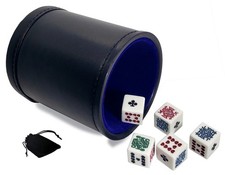 16mm Poker Dice White Clubs Ace Pouch Black PU Leather Cup Blue Felt Lined