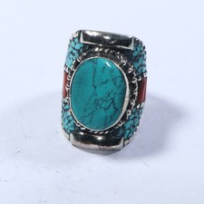 Tibetan Coral Green Turquoise NaturalHimalayan Jewelry Original Ring Size 10